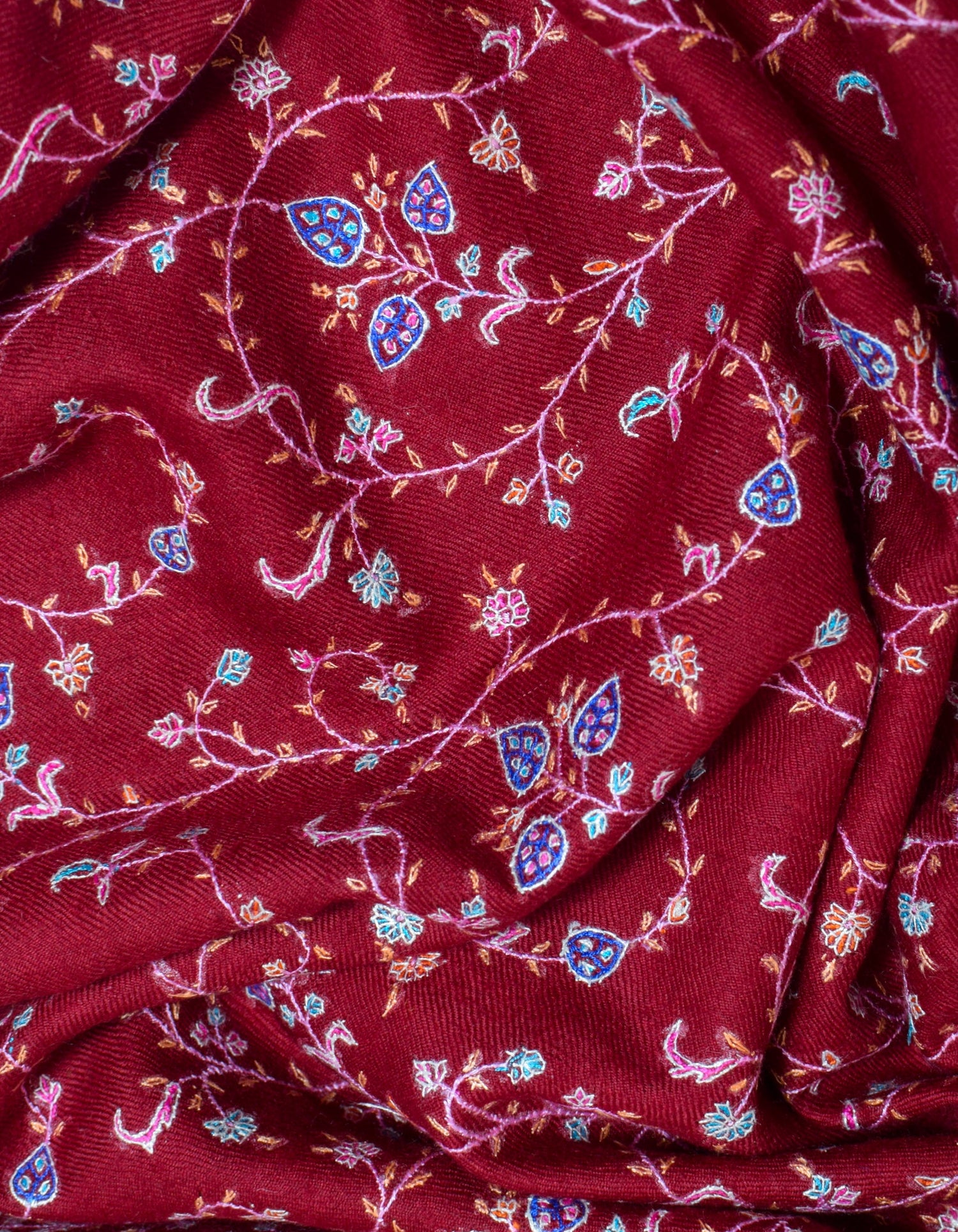 Deep Maroon Handwoven Multi-Colour Embroidered Cashmere Pashmina Shawl