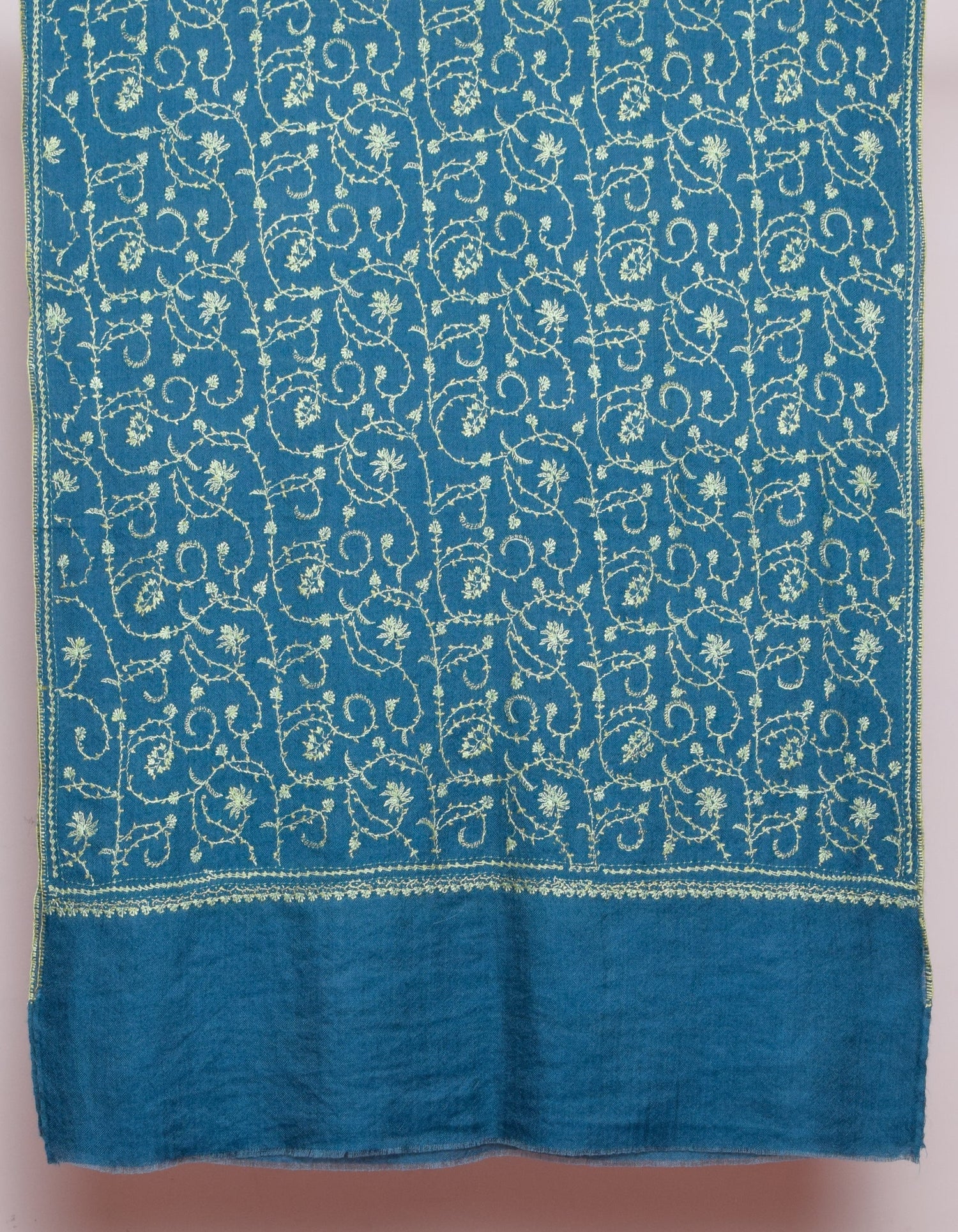 Teal Blue Handwoven Pastel Sozni Embroidered Cashmere Pashmina Stole