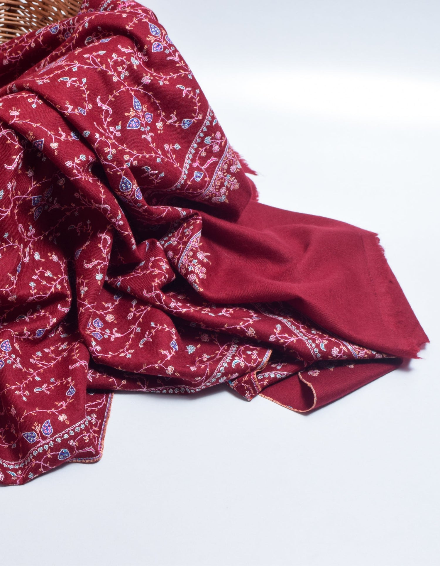 Deep Maroon Handwoven Multi-Colour Embroidered Cashmere Pashmina Shawl