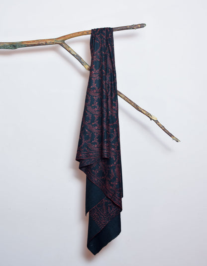 Black Handwoven Sozni Floral Embroidered Cashmere Pashmina Shawl