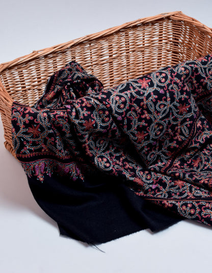 Classic Black Handwoven Multi-Colour Embroidered Cashmere Pashmina Shawl