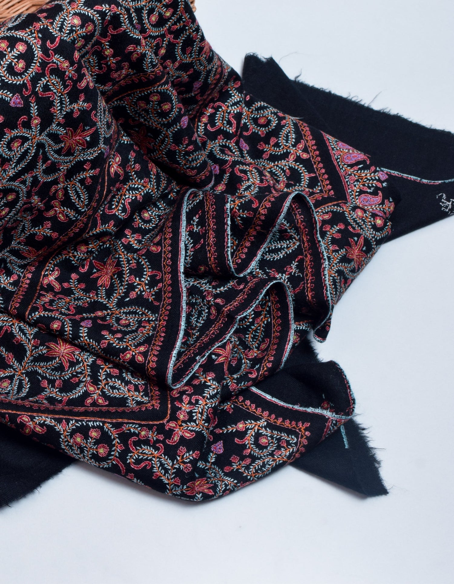 Classic Black Handwoven Multi-Colour Embroidered Cashmere Pashmina Shawl