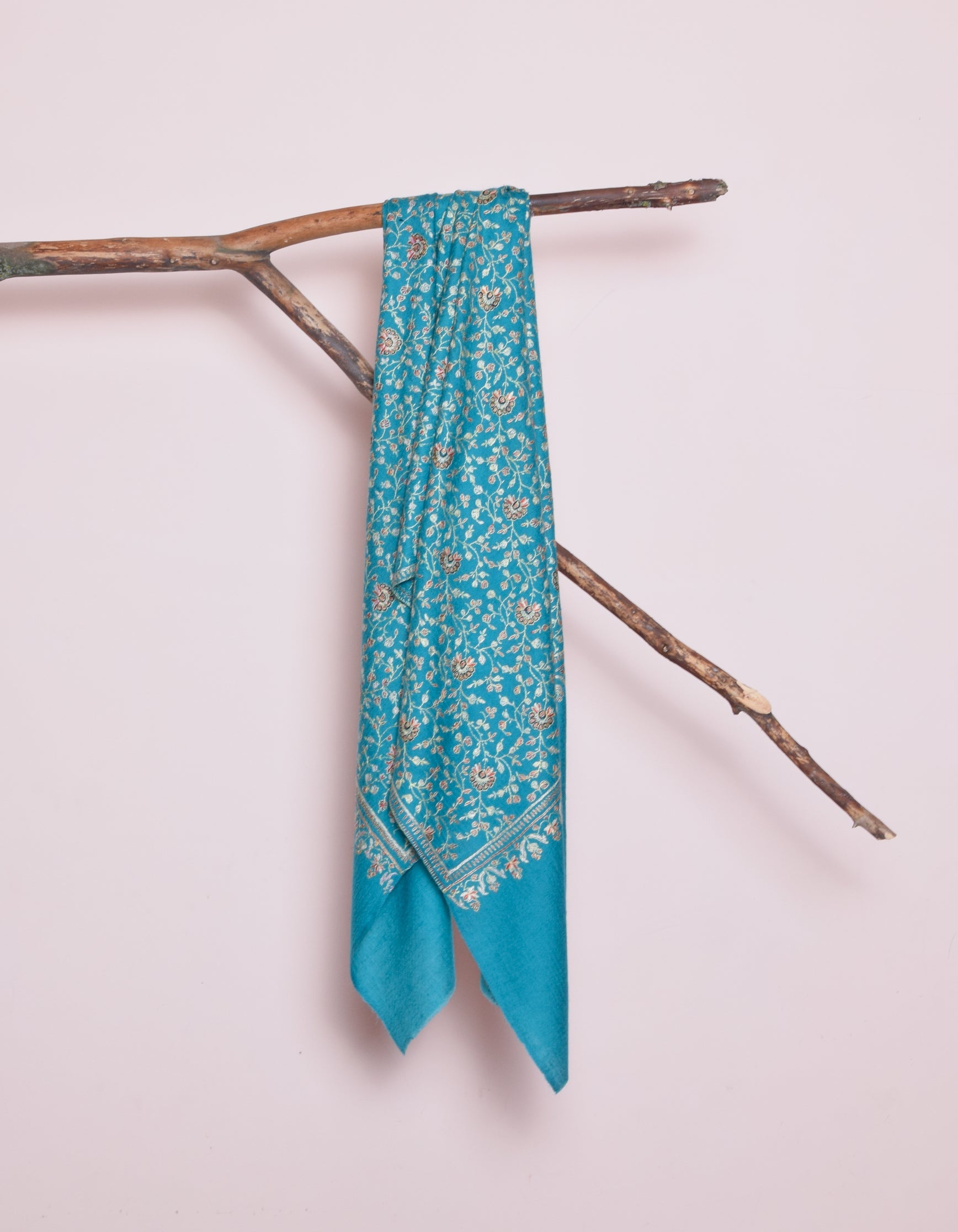 Teal Blue Handwoven Sozni Jaali Embroidered Cashmere Pashmina Stole