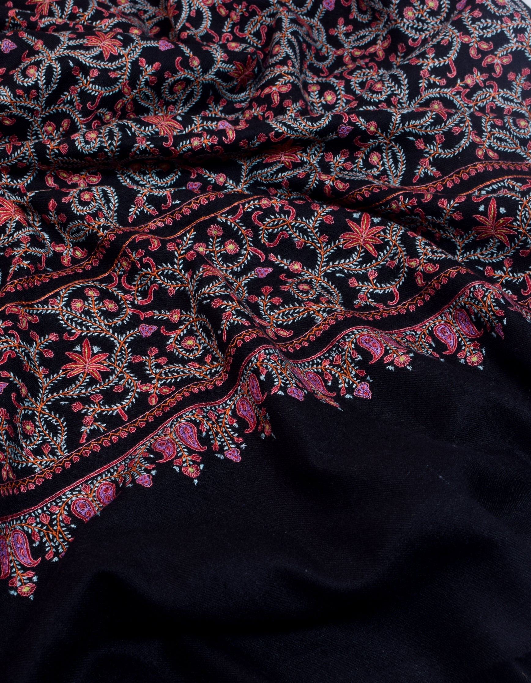 Classic Black Handwoven Multi-Colour Embroidered Cashmere Pashmina Shawl