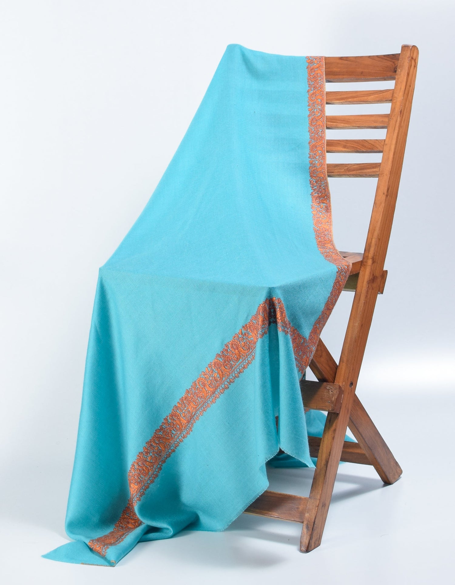 Aqua Blue Handwoven Border Embroidered Cashmere Pashmina Shawl - Kashmir Box