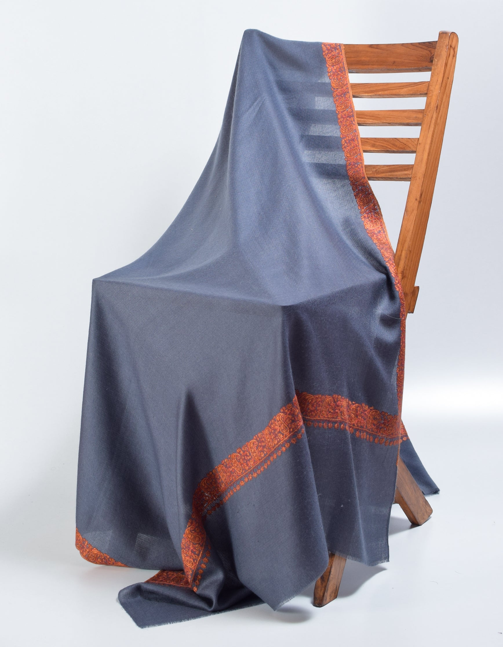 Cadet Grey Handwoven Border Embroidered Cashmere Pashmina Shawl - Kashmir Box