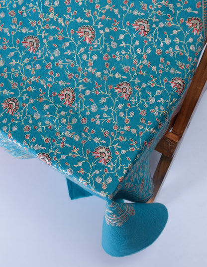 Teal Blue Handwoven Sozni Jaali Embroidered Cashmere Pashmina Stole