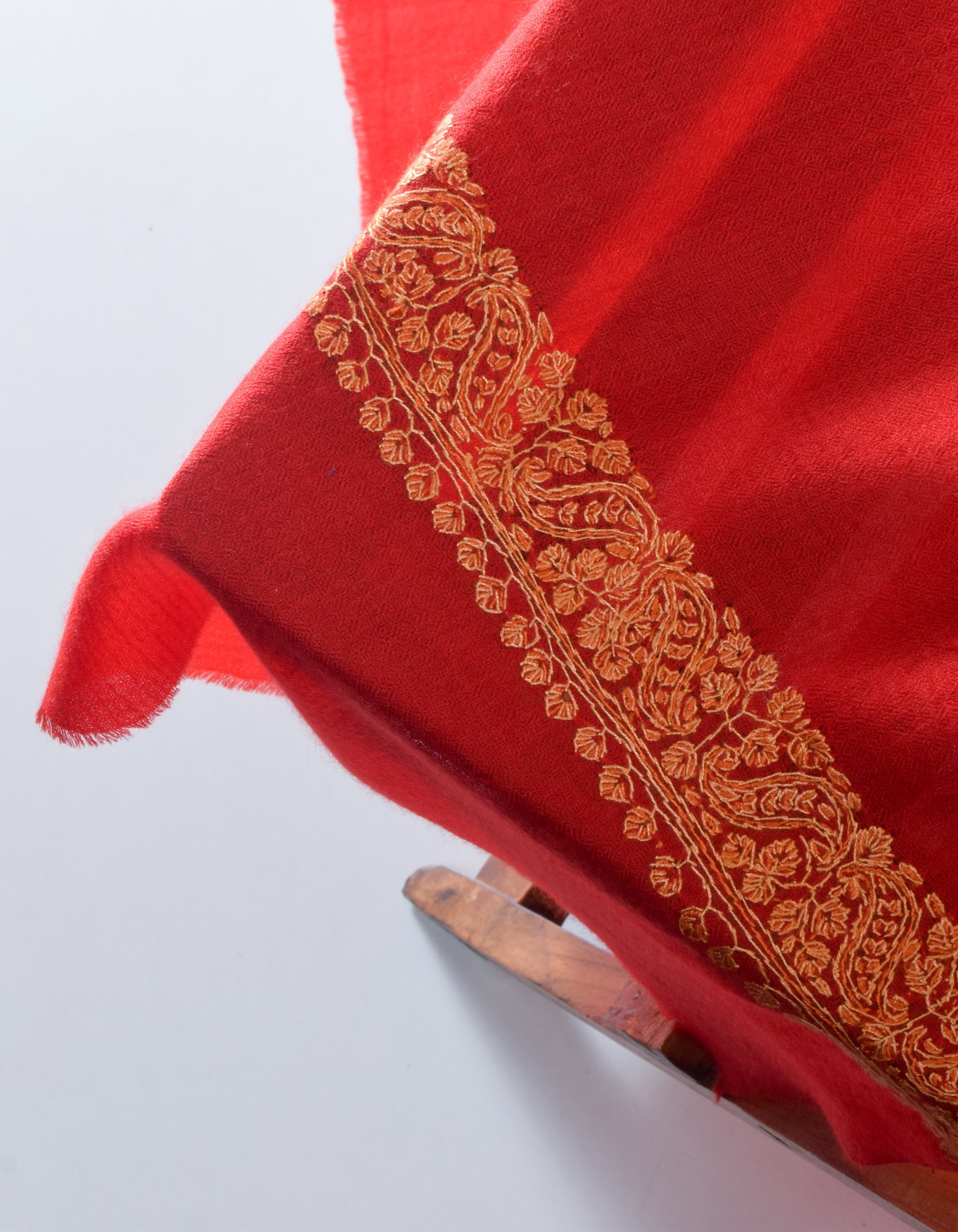 Scarlet Red Handwoven Border Embroidered Cashmere Pashmina Shawl - Kashmir Box