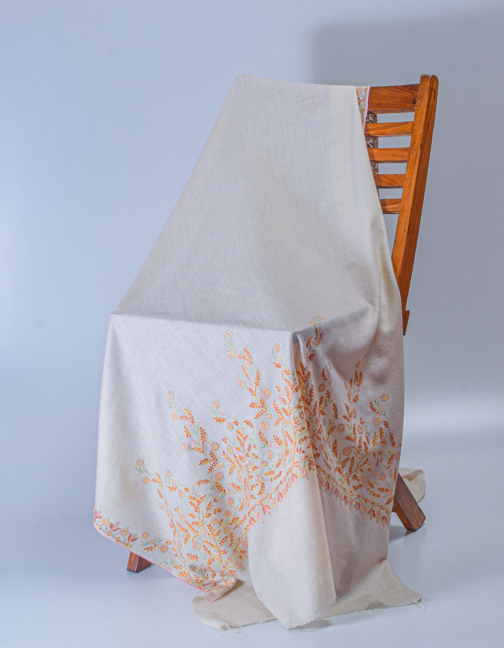 Natural Cream Handwoven Palla Embroidered Cashmere Pashmina Shawl