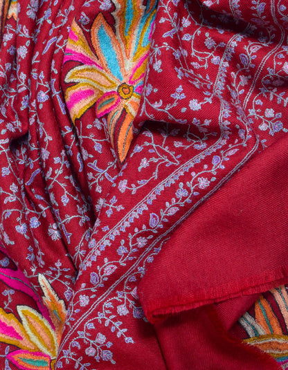 Deep Maroon Handwoven Floral Embroidered Cashmere Pashmina Shawl