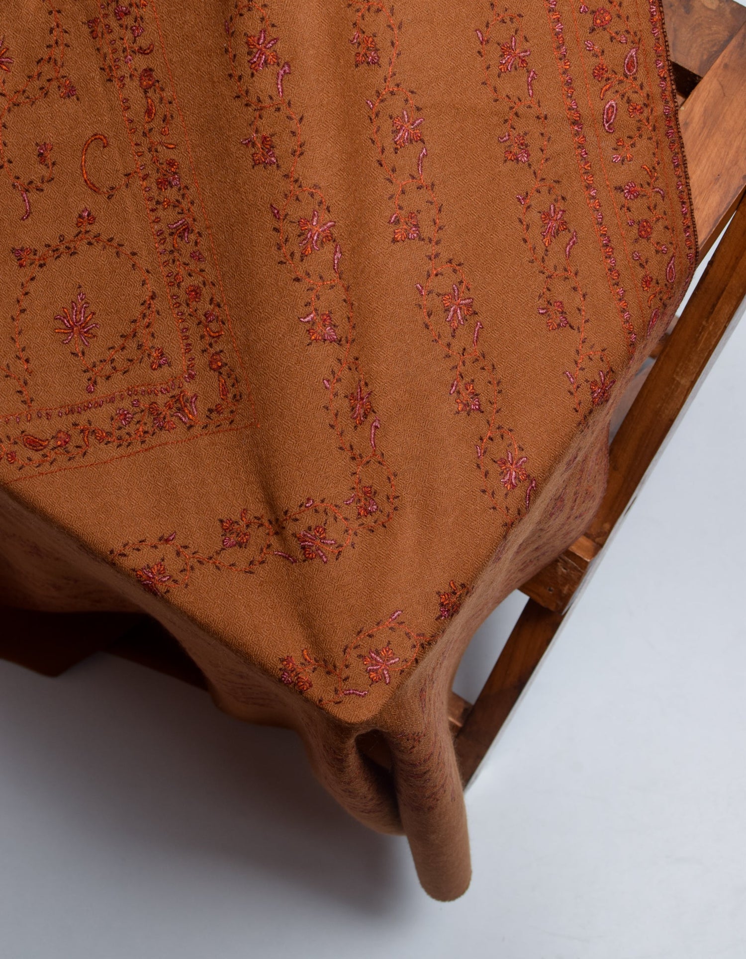 Brownish Orange Handwoven Sozni Jaali Embroidered Cashmere Pashmina Shawl