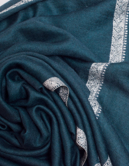 Dark Teal Handwoven Sozni Border Embroidered Cashmere Pashmina Stole