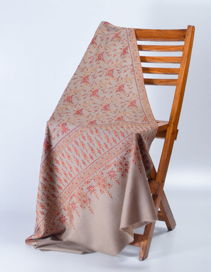 Brown-Grey Handwoven Sozni Border Embroidered Cashmere Pashmina Shawl