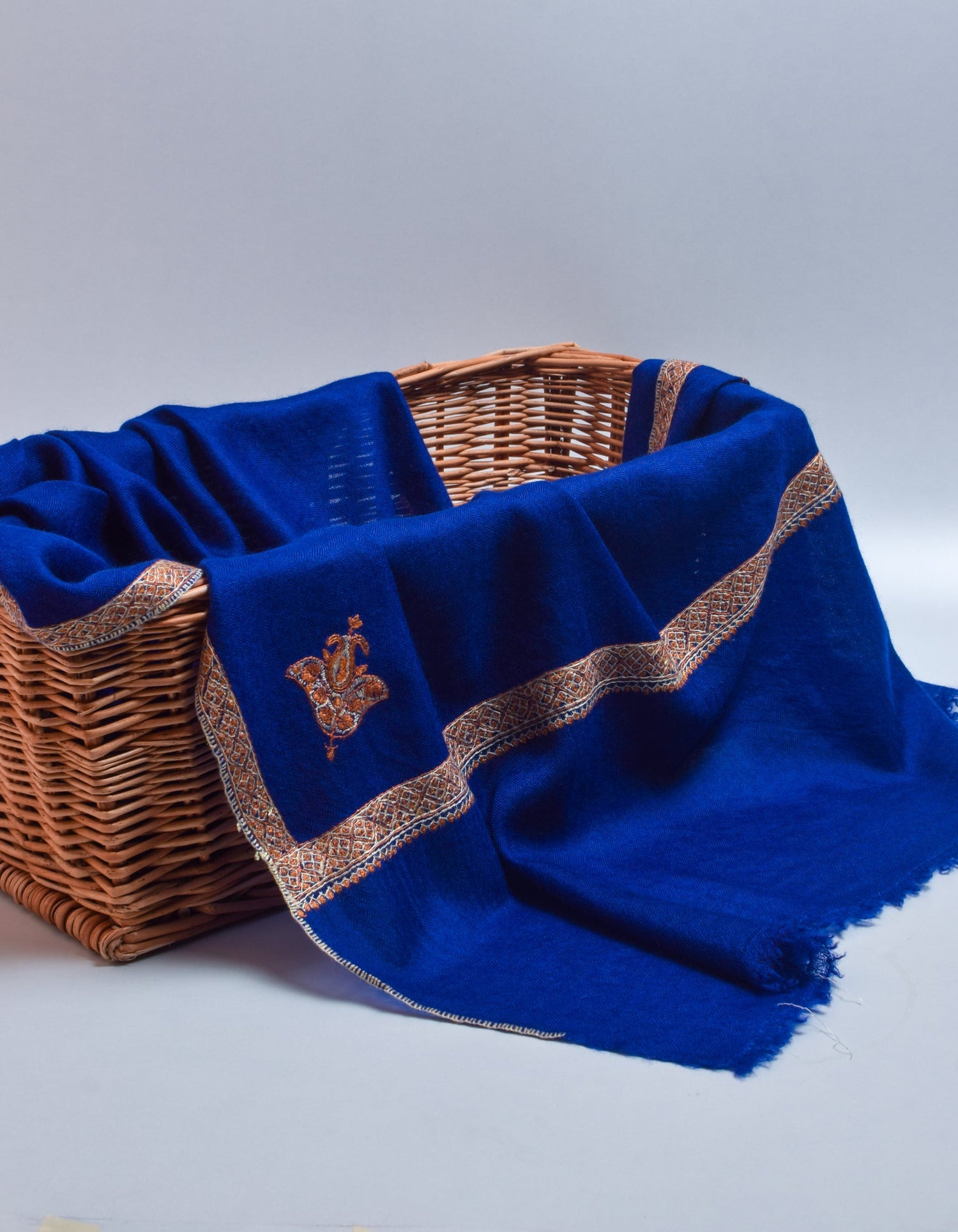 Royal Blue Handwoven Sozni Border Embroidered Cashmere Pashmina Stole