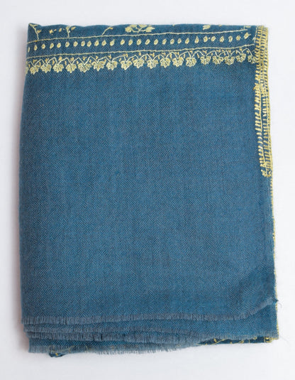 Teal Blue Handwoven Pastel Sozni Embroidered Cashmere Pashmina Stole