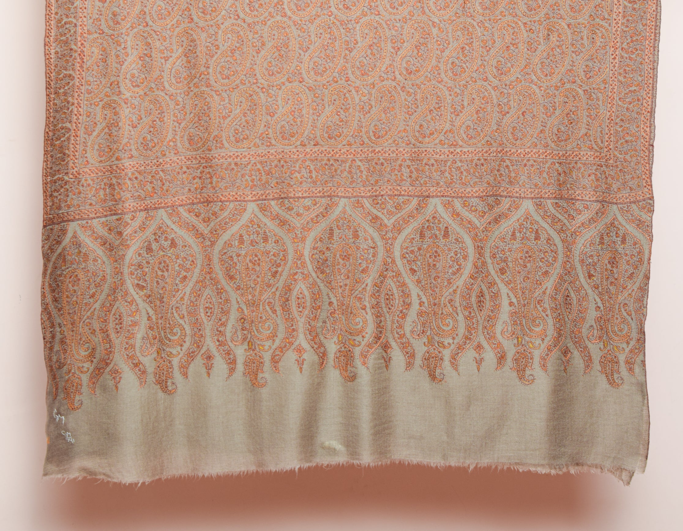 Natural Beige Handwoven Multicolour Jaali Embroidered Cashmere Pashmina Shawl