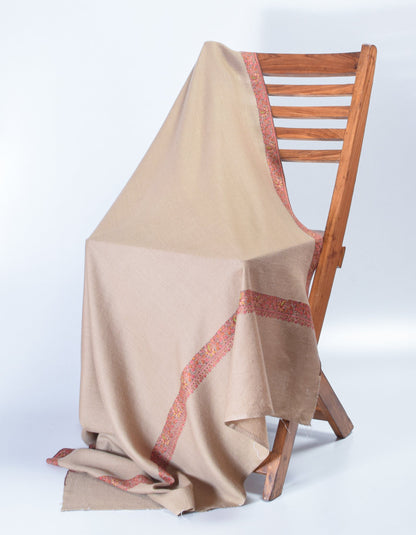 Light Sand Brown Handwoven Sozni Border Embroidered Cashmere Pashmina Shawl