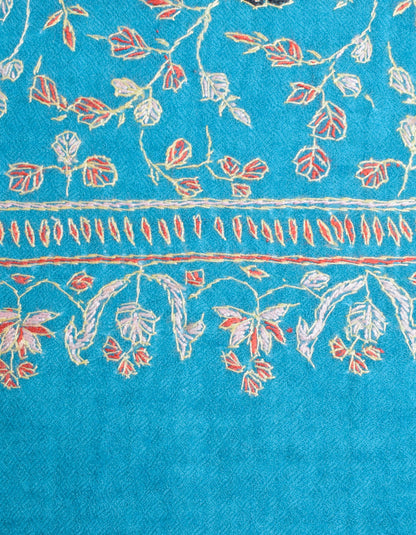 Teal Blue Handwoven Sozni Jaali Embroidered Cashmere Pashmina Stole