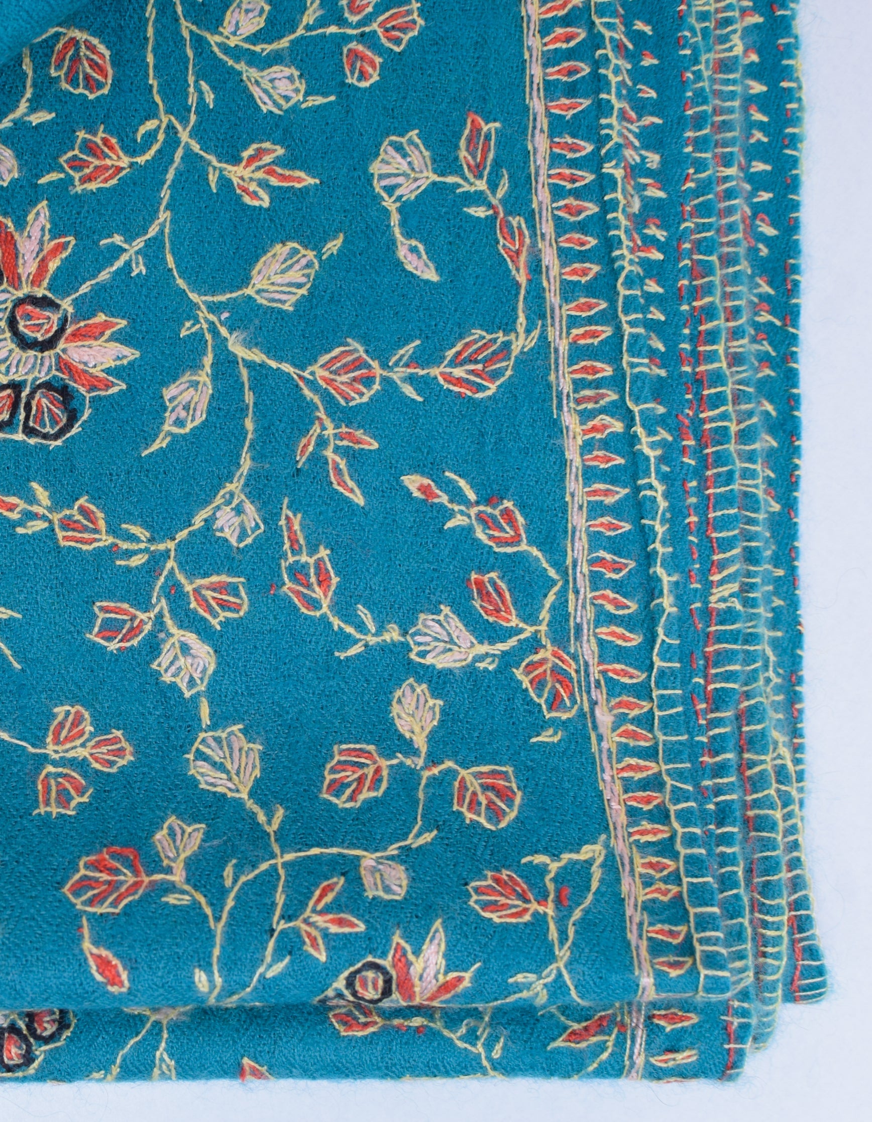 Teal Blue Handwoven Sozni Jaali Embroidered Cashmere Pashmina Stole