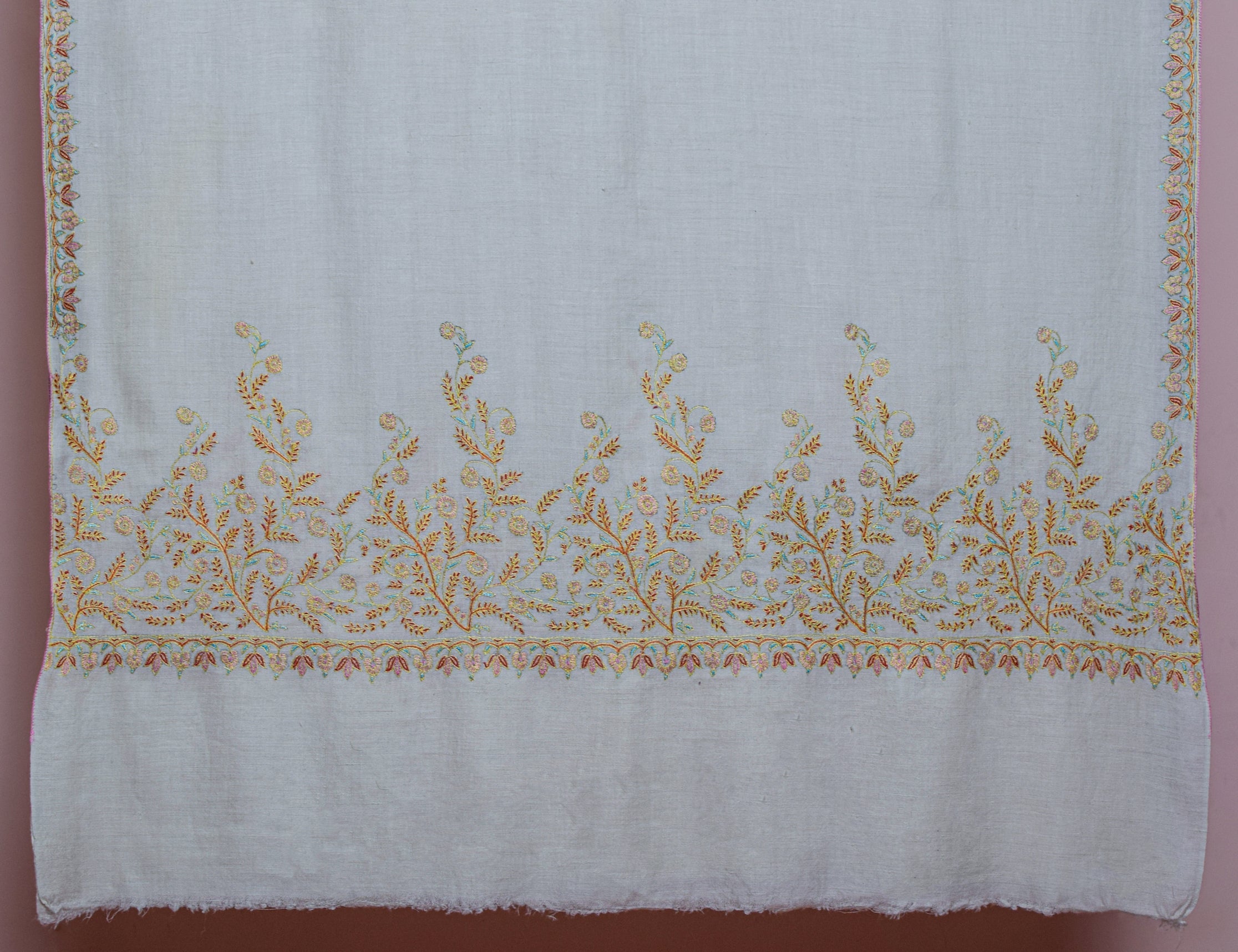 Natural Cream Handwoven Palla Embroidered Cashmere Pashmina Shawl