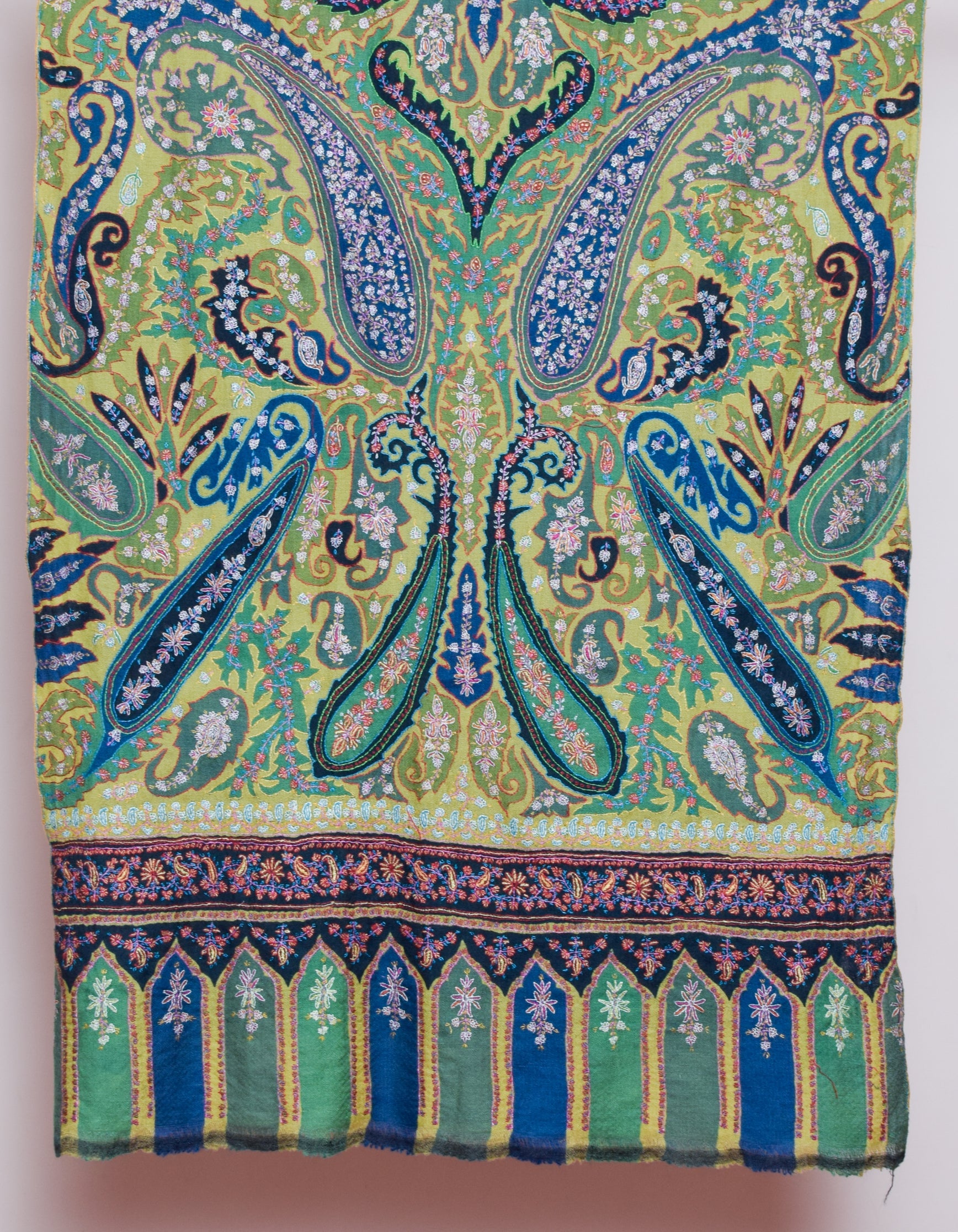 Light Olive Handmade Jamawar Sozni Certified Cashmere Pashmina Stole - Kashmir Box