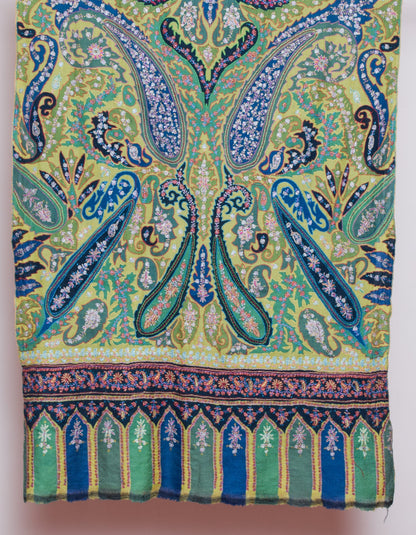 Light Olive Handmade Jamawar Sozni Certified Cashmere Pashmina Stole - Kashmir Box
