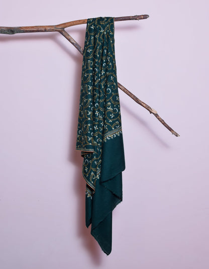 Dark Green Handwoven Sozni Jaali Embroidered Cashmere Pashmina Shawl