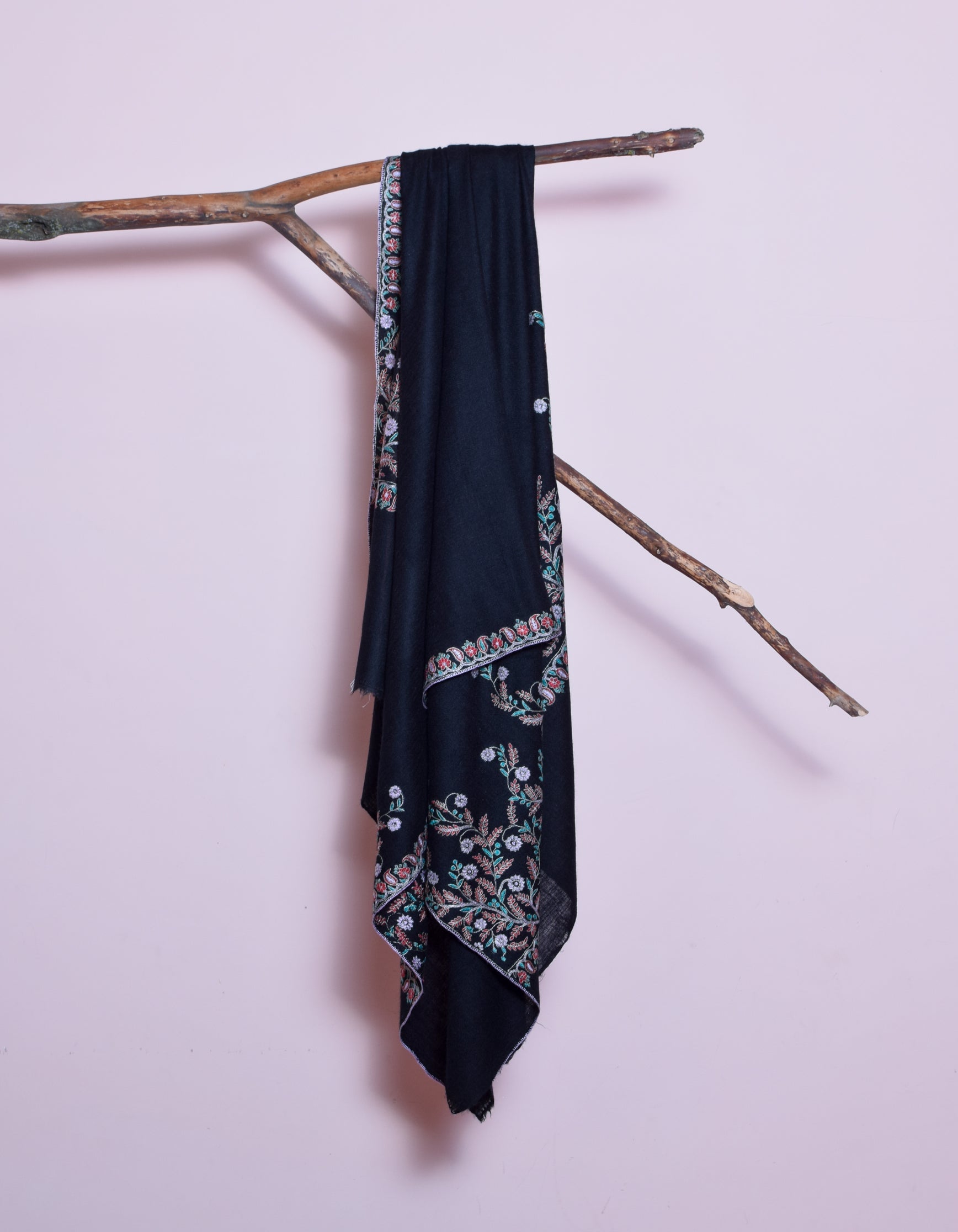 Black Handwoven Multicolour Border Embroidered Cashmere Pashmina Shawl