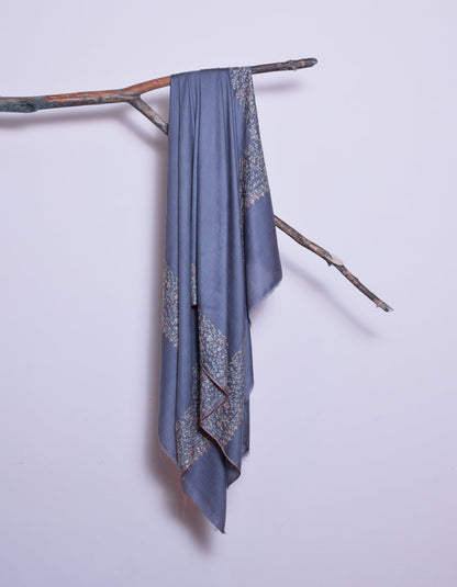 Steel Grey Handwoven Border Embroidered Cashmere Pashmina Shawl