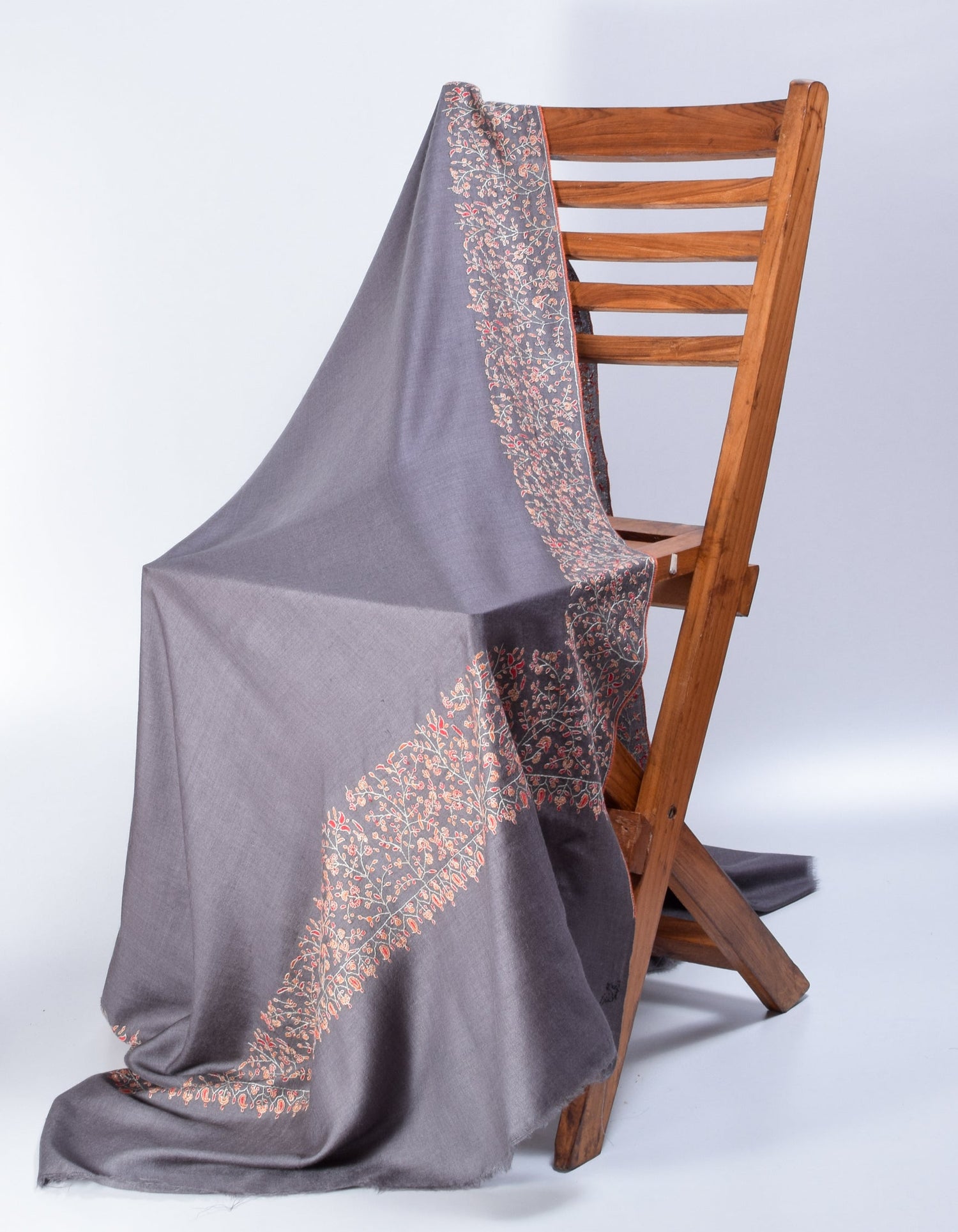 Steel Grey Handwoven Border Embroidered Cashmere Pashmina Shawl