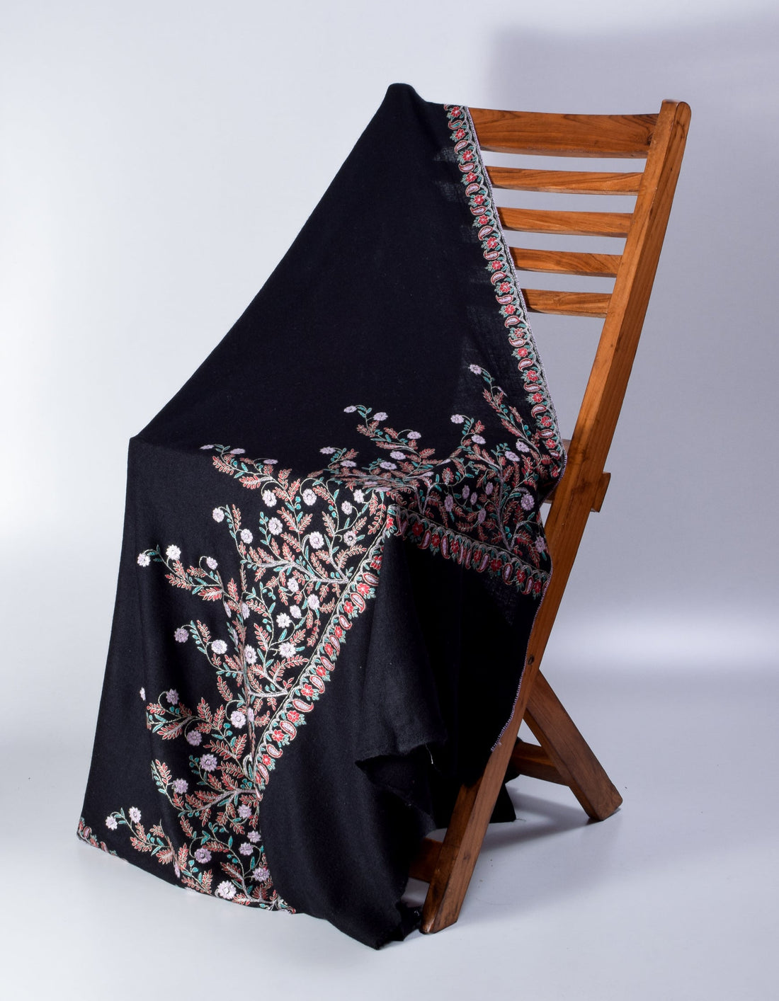 Black Handwoven Multicolour Border Embroidered Cashmere Pashmina Shawl