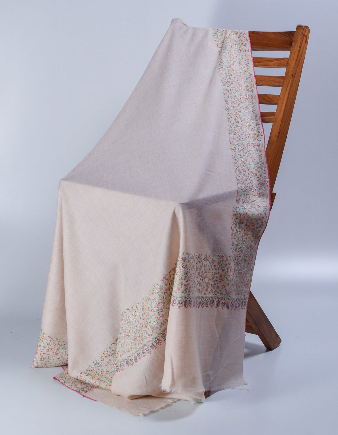 Natural Cream Handwoven Border Sozni Embroidered Cashmere Pashmina Shawl