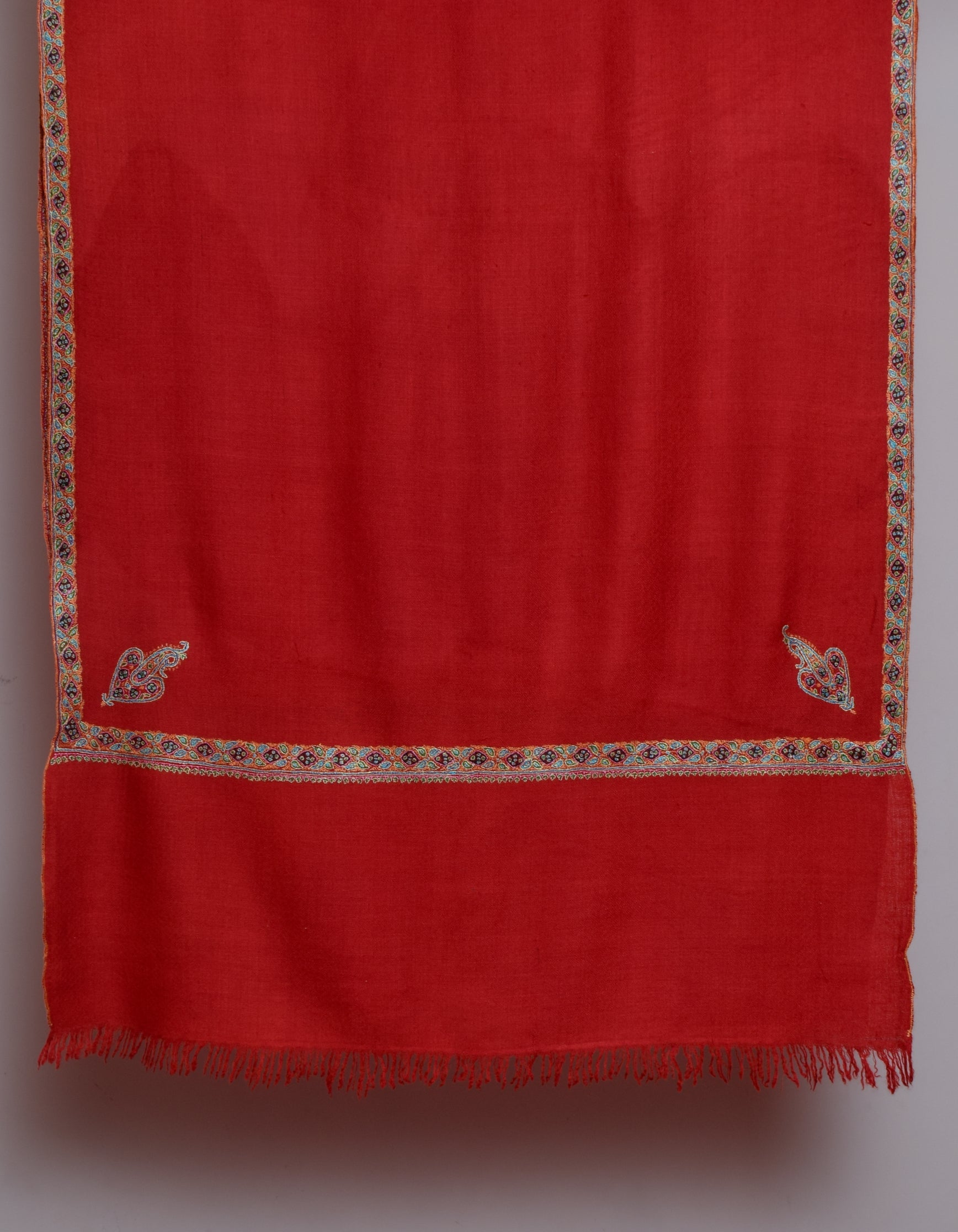 Bright Red Handwoven Sozni Border Embroidered Cashmere Pashmina Stole