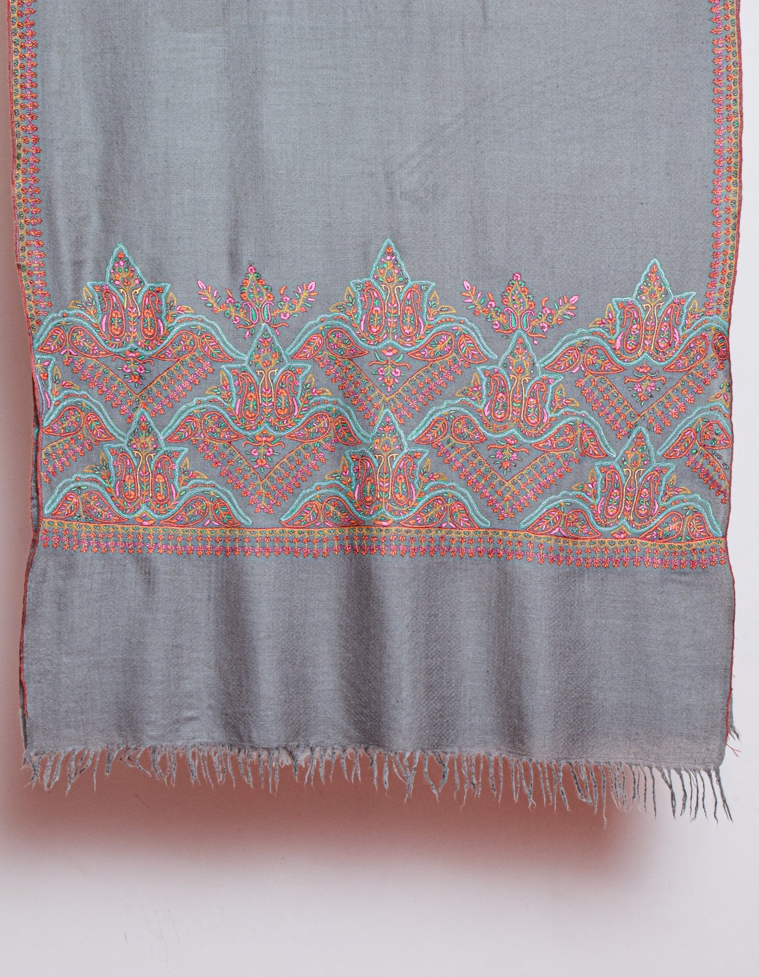 Davy Grey  Handwoven Sozni Palla Embroidered Cashmere Pashmina Stole - Kashmir Box