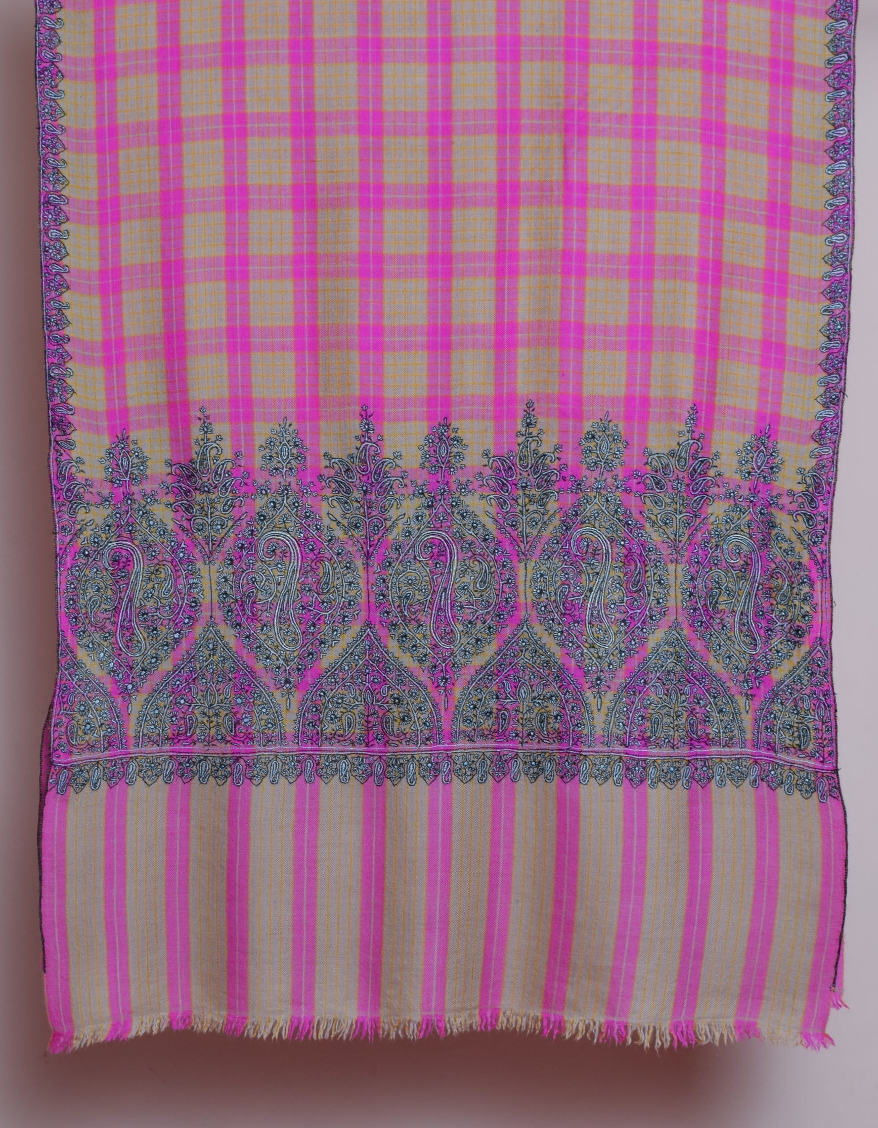 Modern Beige Pink Check Handwoven Sozni Palla Embroidered Cashmere Pashmina Stole