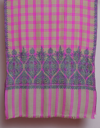 Modern Beige Pink Check Handwoven Sozni Palla Embroidered Cashmere Pashmina Stole