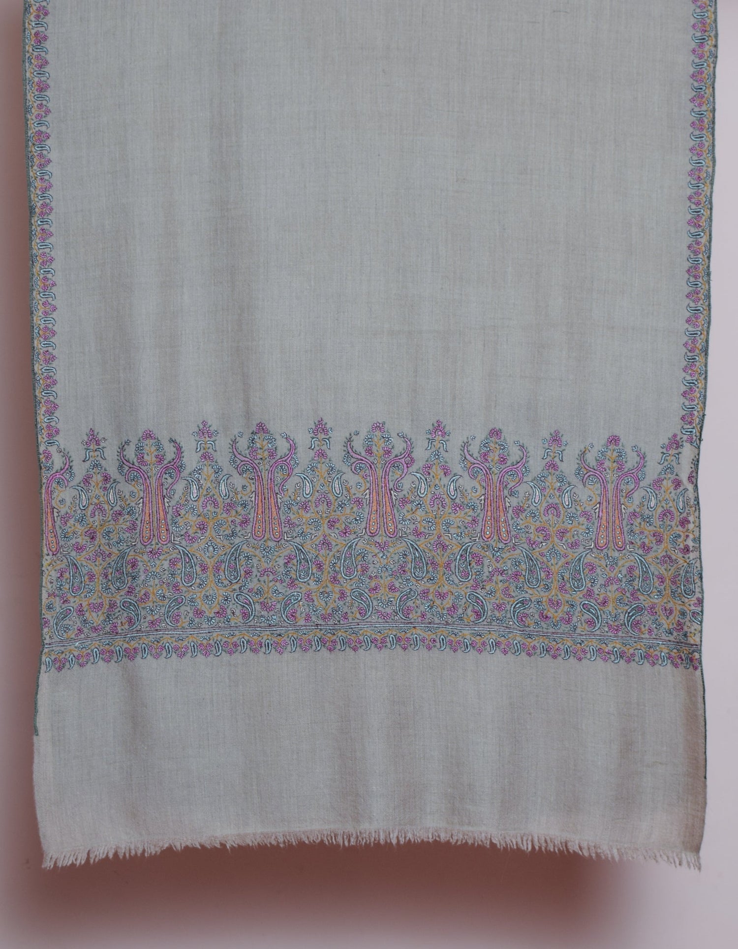 Greyish Beige Handwoven Sozni Palla Embroidered Cashmere Pashmina Stole