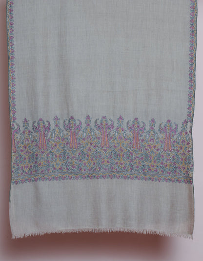 Greyish Beige Handwoven Sozni Palla Embroidered Cashmere Pashmina Stole