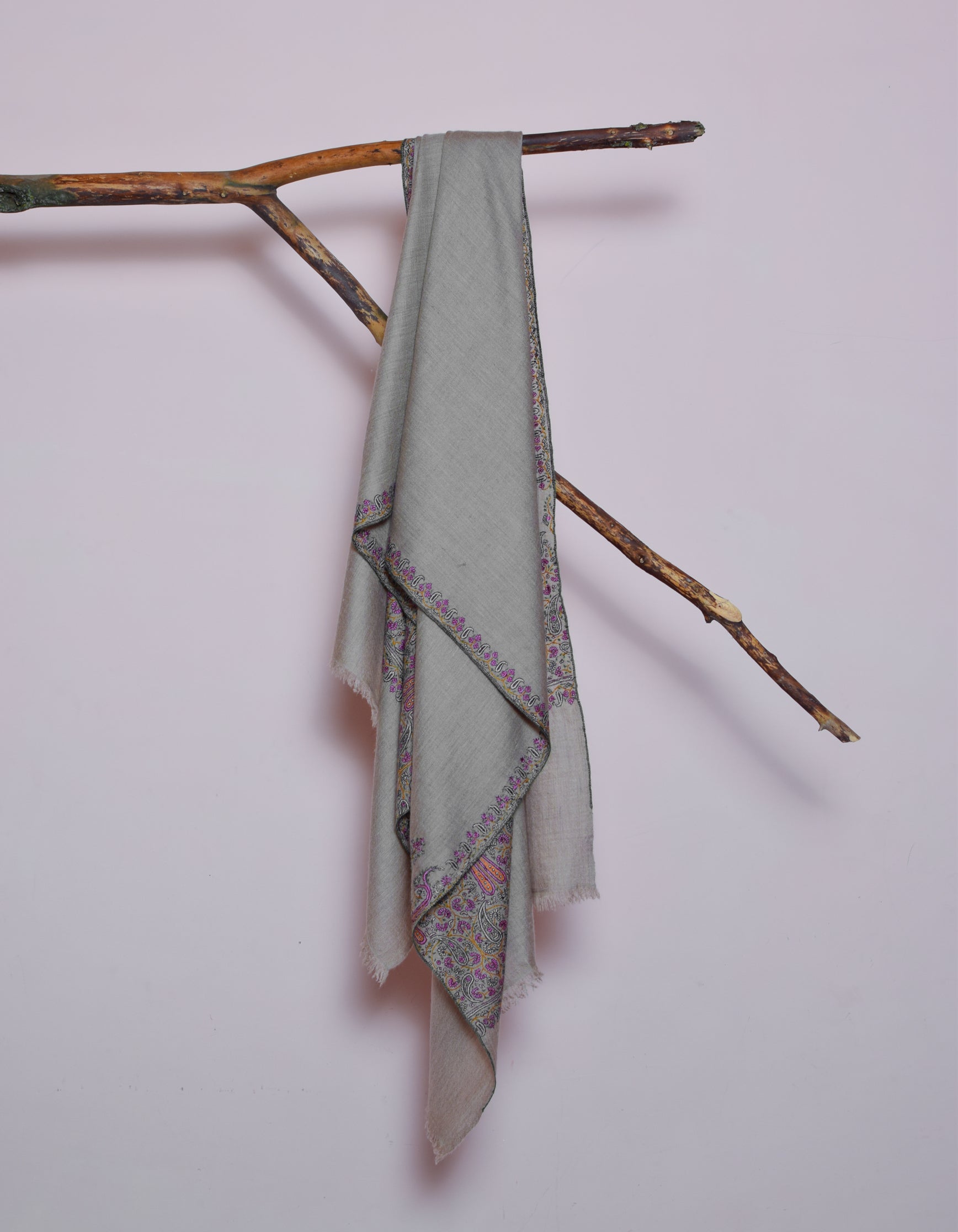 Greyish Beige Handwoven Sozni Palla Embroidered Cashmere Pashmina Stole