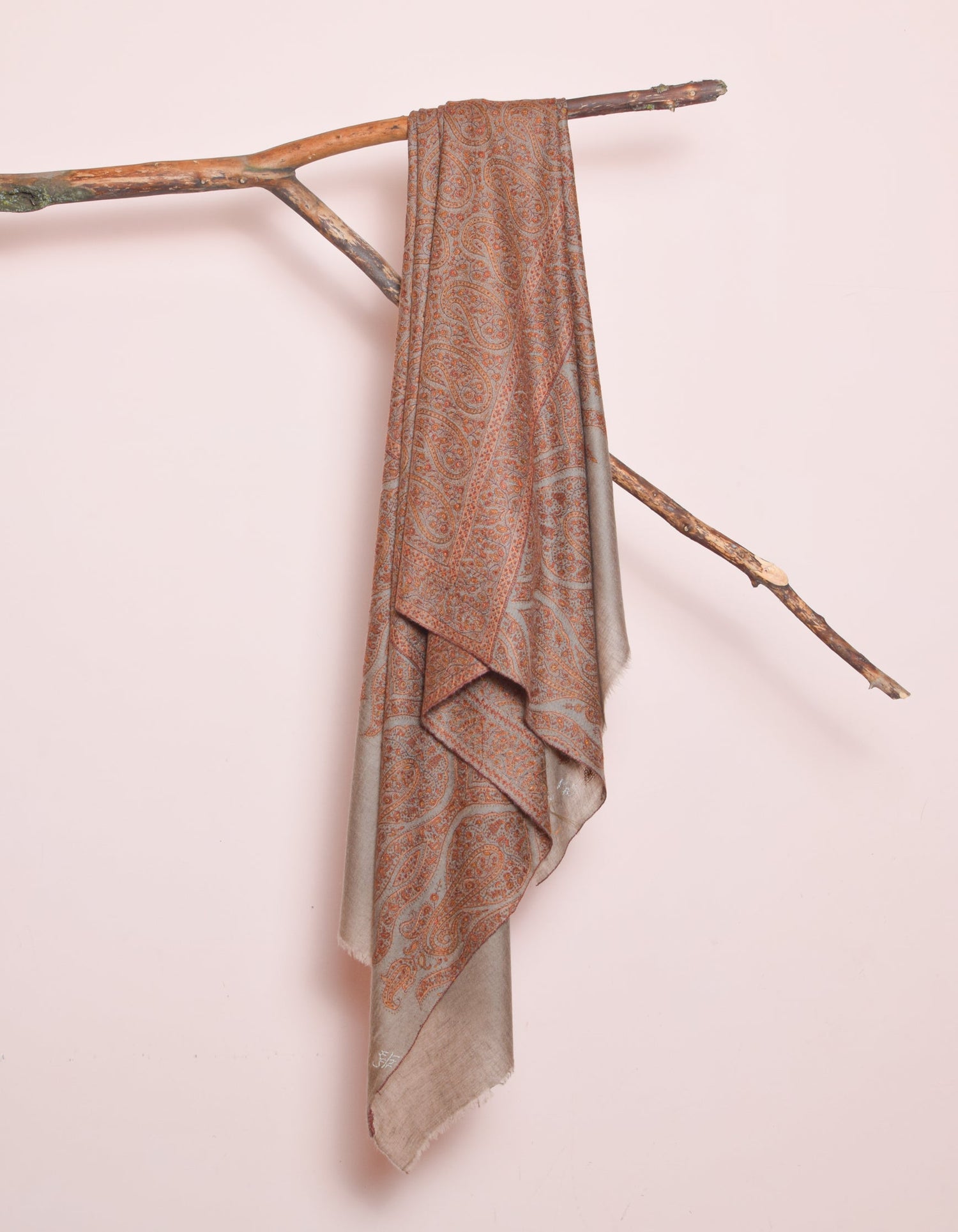 Natural Beige Handwoven Multicolour Jaali Embroidered Cashmere Pashmina Shawl