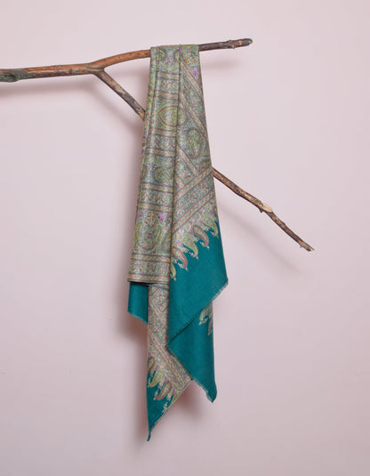 Teal Green Handwoven Sozni Jaali Embroidered Cashmere Pashmina Shawl