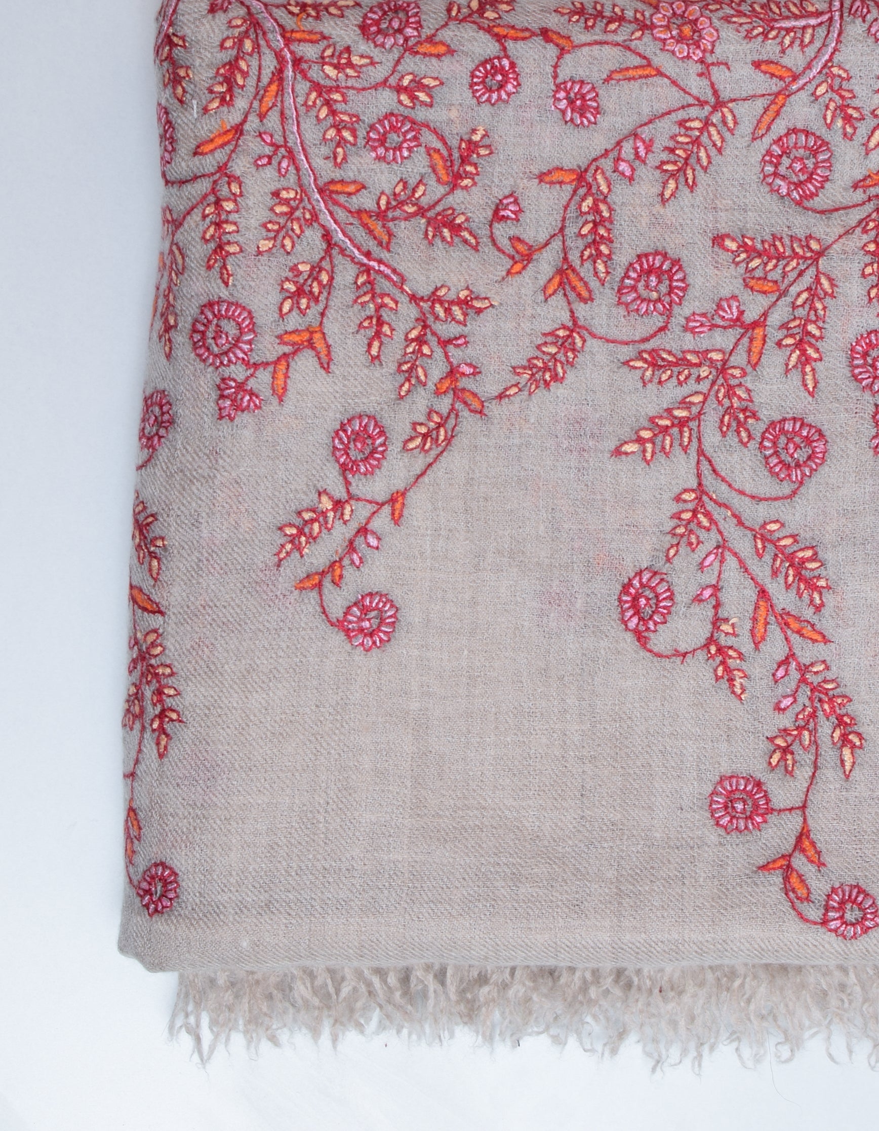 Pastel Grey Handwoven Border Embroidered Cashmere Pashmina Shawl