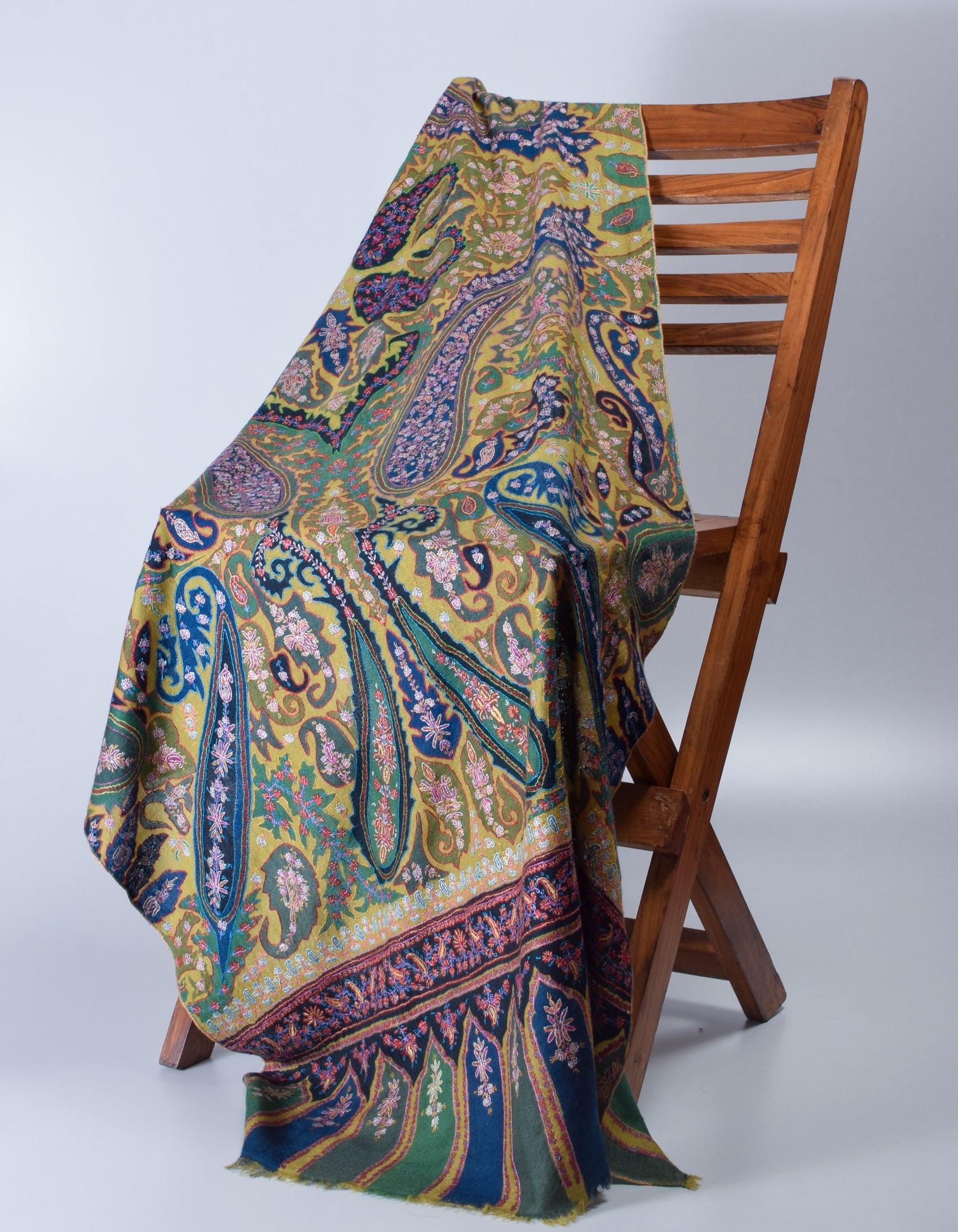 Light Olive Handmade Jamawar Sozni Certified Cashmere Pashmina Stole - Kashmir Box