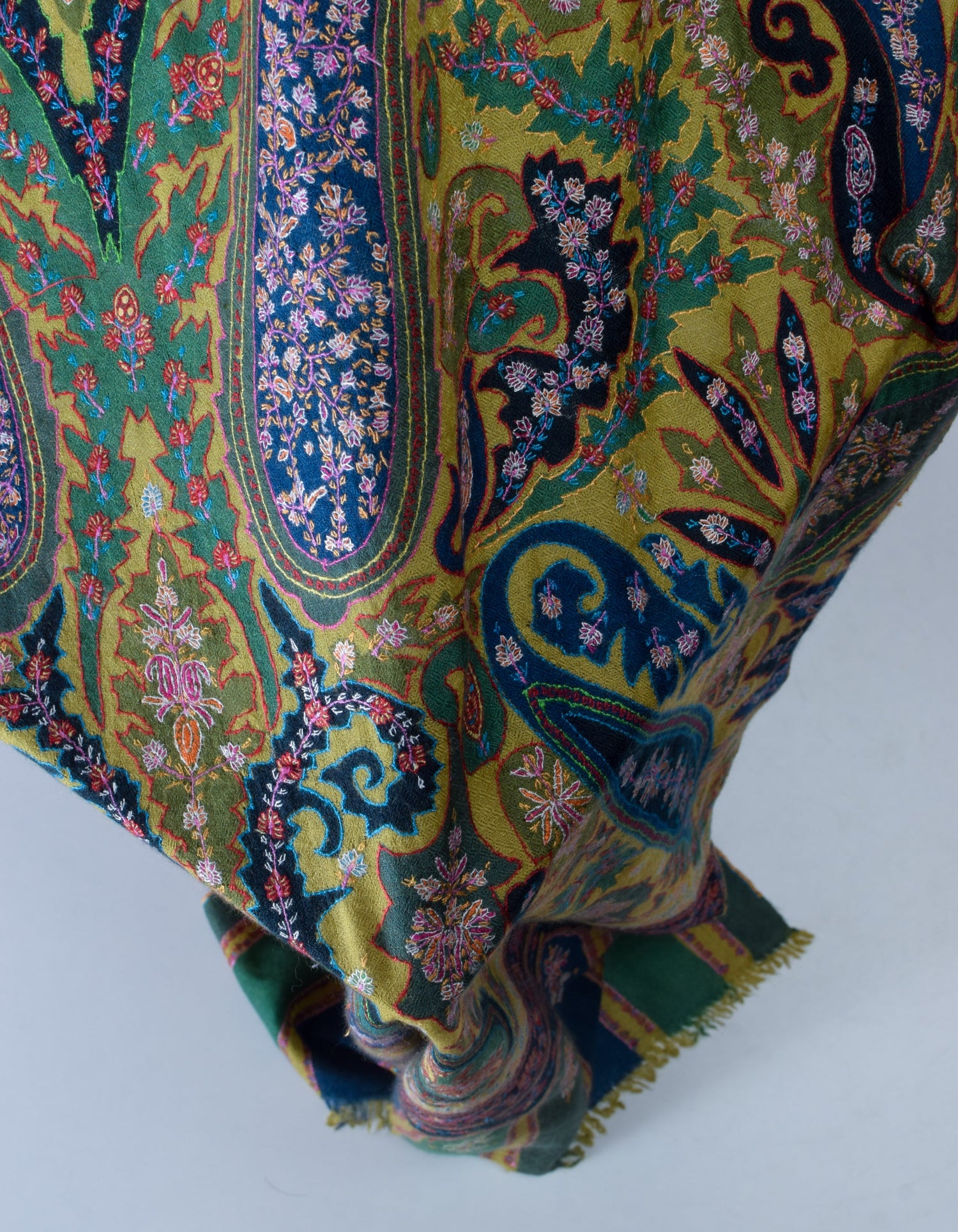 Light Olive Handmade Jamawar Sozni Certified Cashmere Pashmina Stole - Kashmir Box
