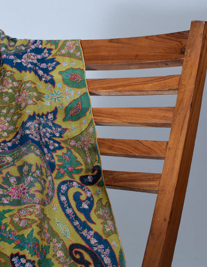 Light Olive Handmade Jamawar Sozni Certified Cashmere Pashmina Stole - Kashmir Box