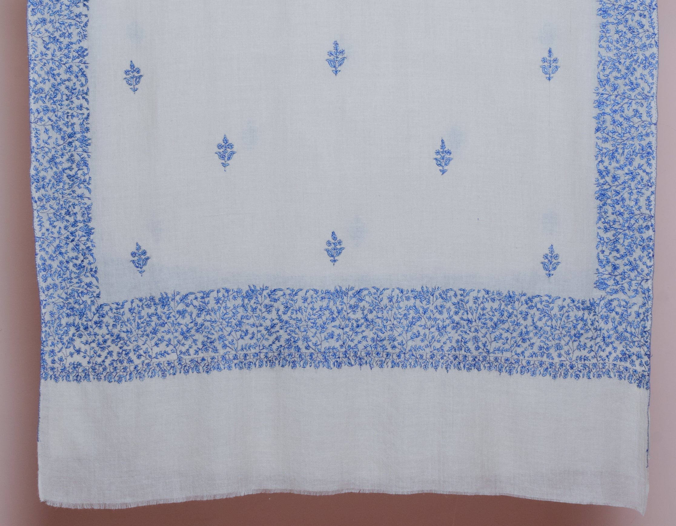 Natural Cream Handwoven Blue Border Embroidered Cashmere Pashmina Shawl