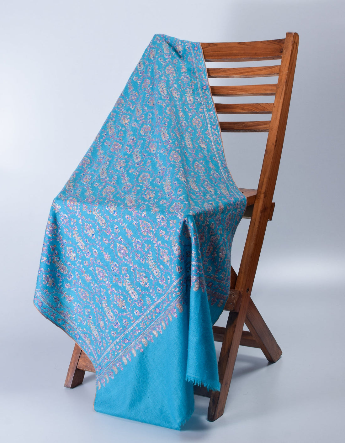 Deep Sky Blue Handwoven Sozni Jaali Embroidered Cashmere Pashmina Stole