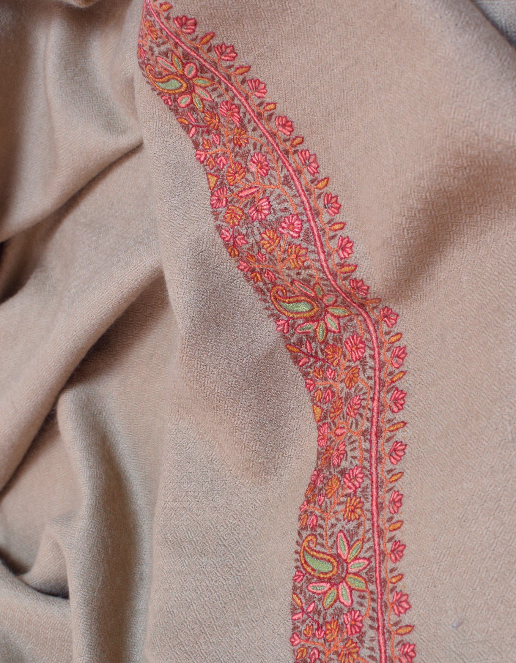 Light Sand Brown Handwoven Sozni Border Embroidered Cashmere Pashmina Shawl