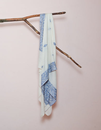 Natural Cream Handwoven Blue Border Embroidered Cashmere Pashmina Shawl