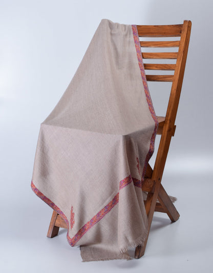 Greyish Beige Handwoven Sozni Border Embroidered Cashmere Pashmina Stole